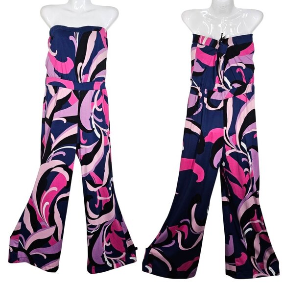 Trina Turk Sapphire Jumpsuit Strapless Wide-Leg Pink Blue Funky Print Small - Picture 1 of 16